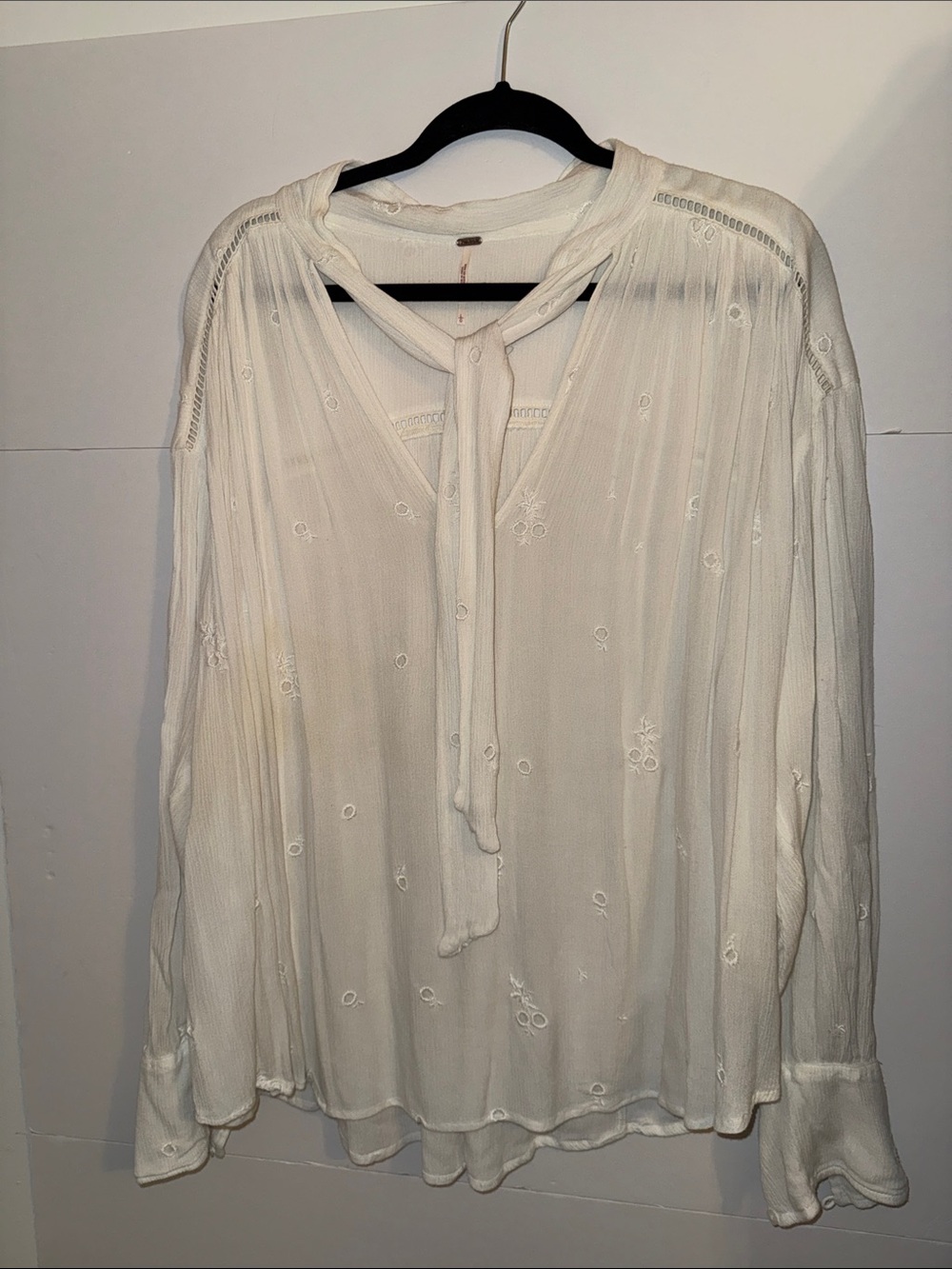 Free People Wishful Moments White V Neck Tie Embroidered Boho Blouse